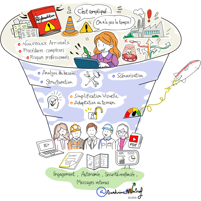 Conception digitalisation supports pédagogiques infographie en entonnoir illustrant depuis l'info complexe à la communication visuelle en santé et sécurité au travail